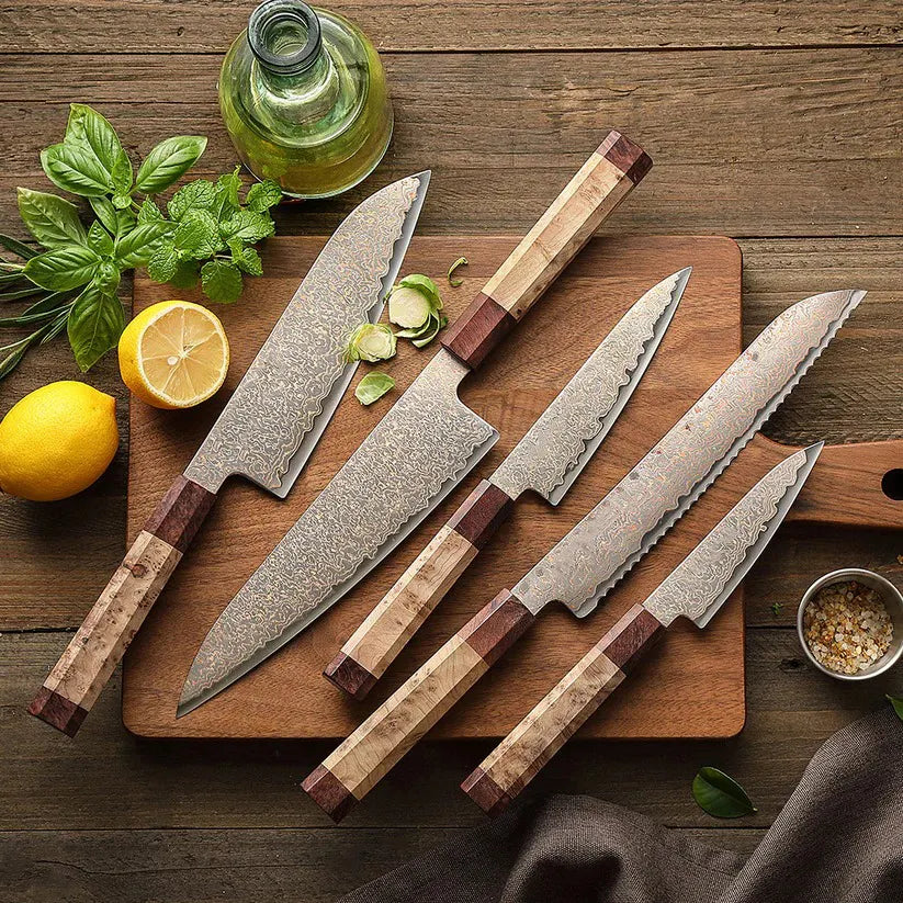 Custom Handmade High Quality Copper Damascus Steel Handle Wood + Padauk Burl Wood Chef Set With Sheath Camping & Survival Knives