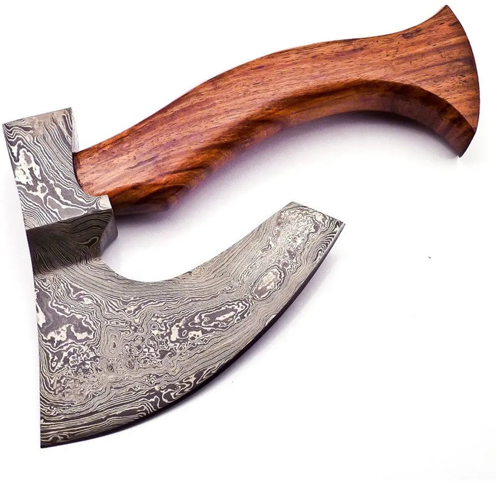 Custom Hand-Forged Viking Pizza Axe – Damascus Steel Head & Wood Handle | Outdoor Camping & Birthday Gift