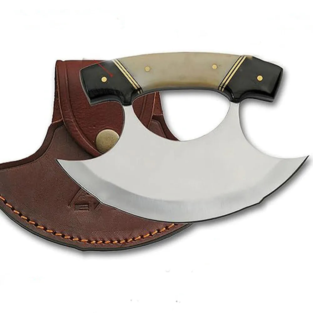 Handmade D2 Steel Chef Knife & Pizza Cutter – Damascus Blade, Bone Handle | Free Leather Sheath