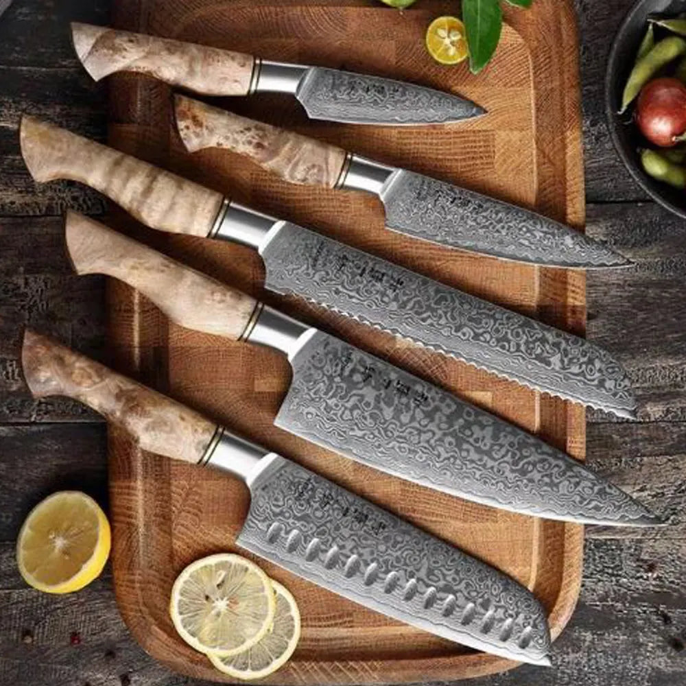 High-Quality Handmade Damascus Steel Chef Knife Set – Custom Kitchen Knives with Protective Covers