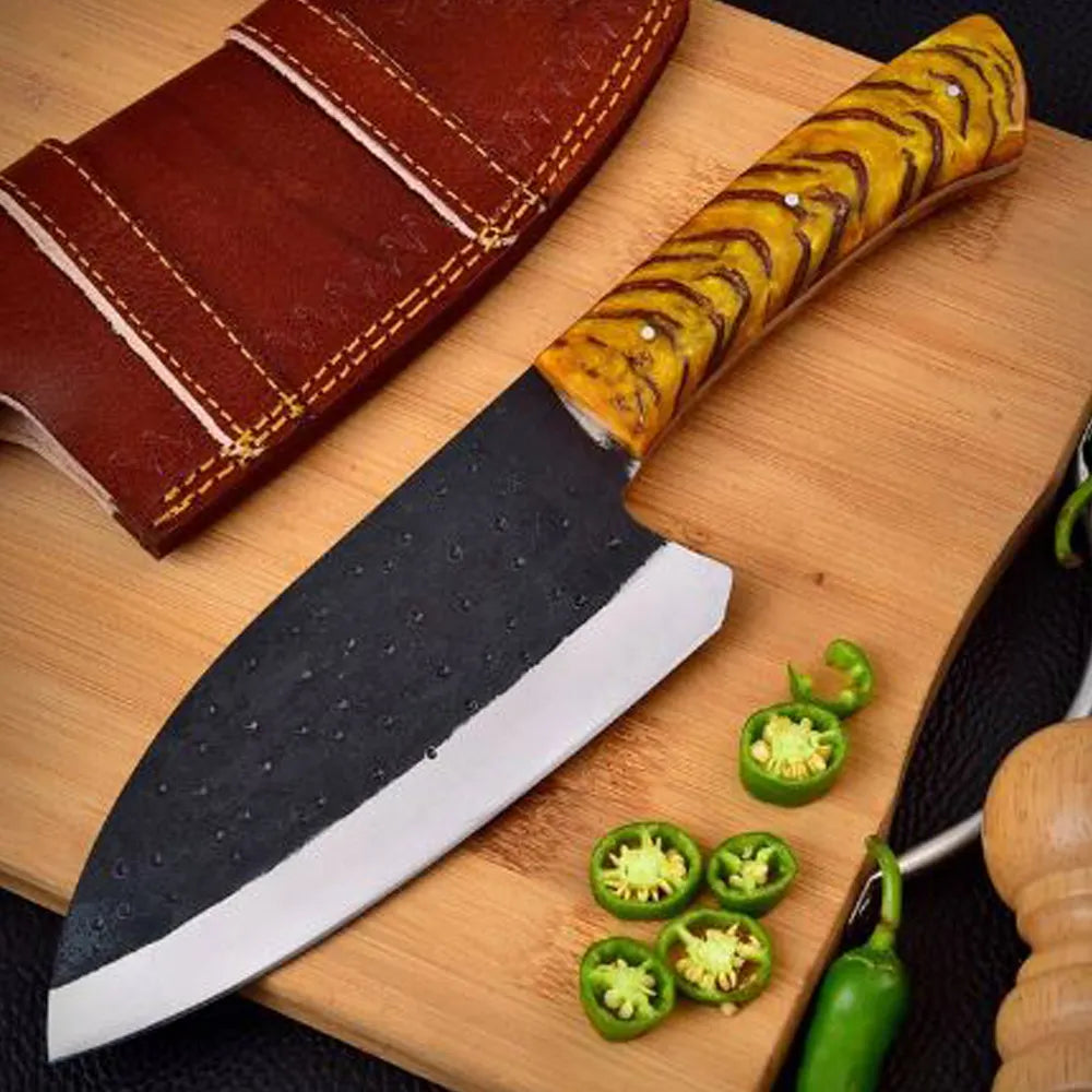Professional High Carbon Steel (1095) Hand Forged Chef Kitchen Cleaver Nakiri Meat Cleaver With Leather Sheath