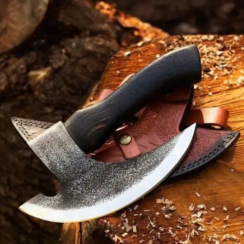Handmade Medieval Pizza Cutter Axe Custom-Forged Viking Style Damascus Steel Blade Boning Kitchen Chef Knife with Bone Material