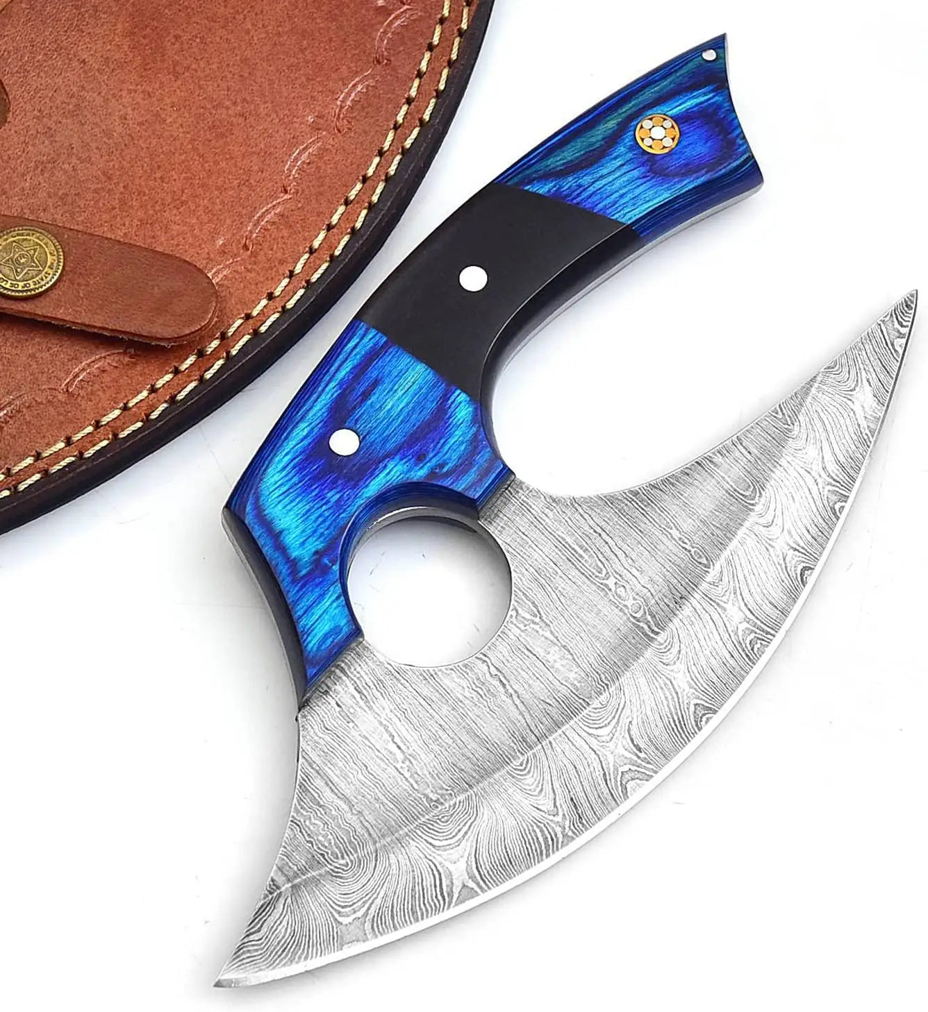Handmade Damascus Steel Pizza Cutter – Color Bone Handle | Premium Kitchen Tool with Leather Sheath