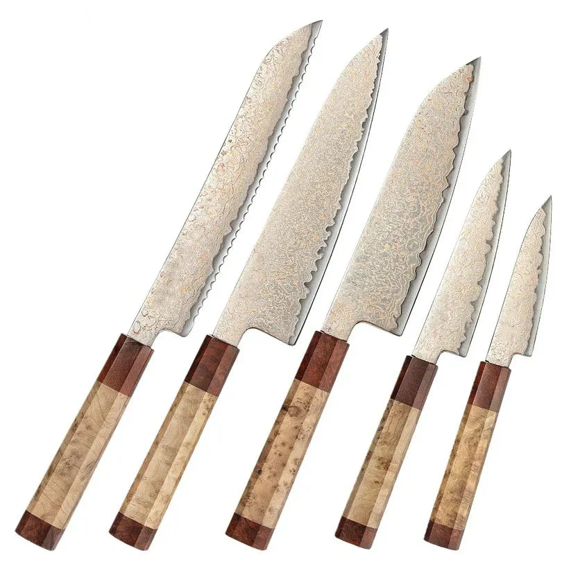 Custom Handmade High Quality Copper Damascus Steel Handle Wood + Padauk Burl Wood Chef Set With Sheath Camping & Survival Knives