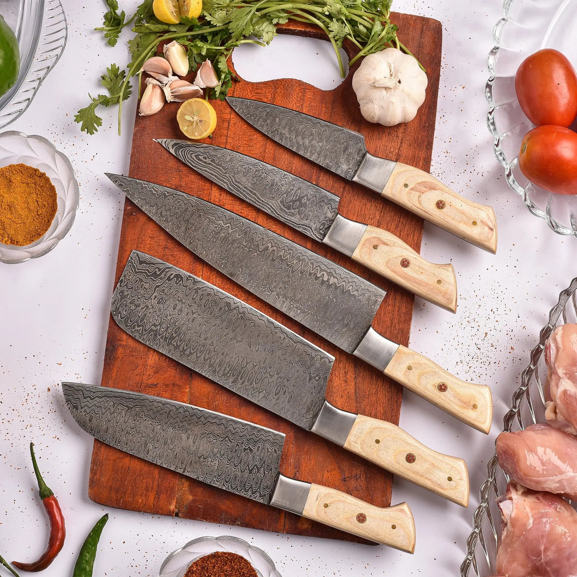 Top-Rated Handmade Damascus Steel Chef Knife Set – Pukka Wood Handle | Professional Kitchen Gift Set for Chefs