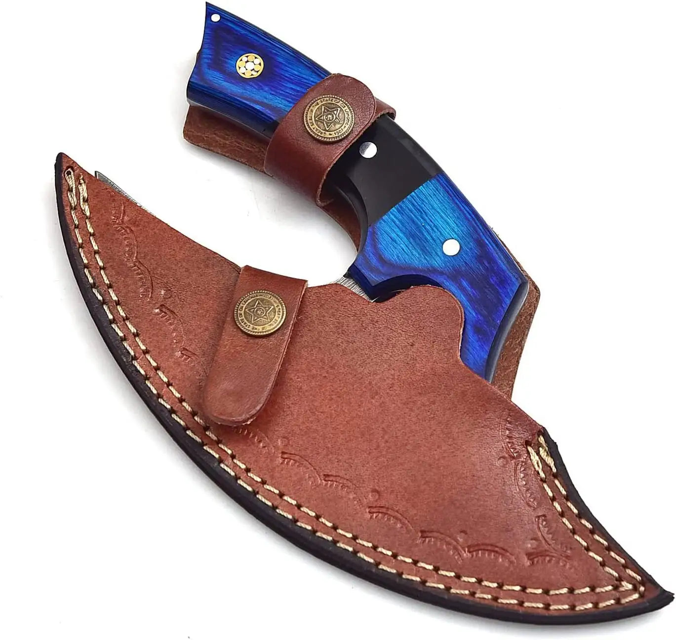 Handmade Damascus Steel Pizza Cutter – Color Bone Handle | Premium Kitchen Tool with Leather Sheath