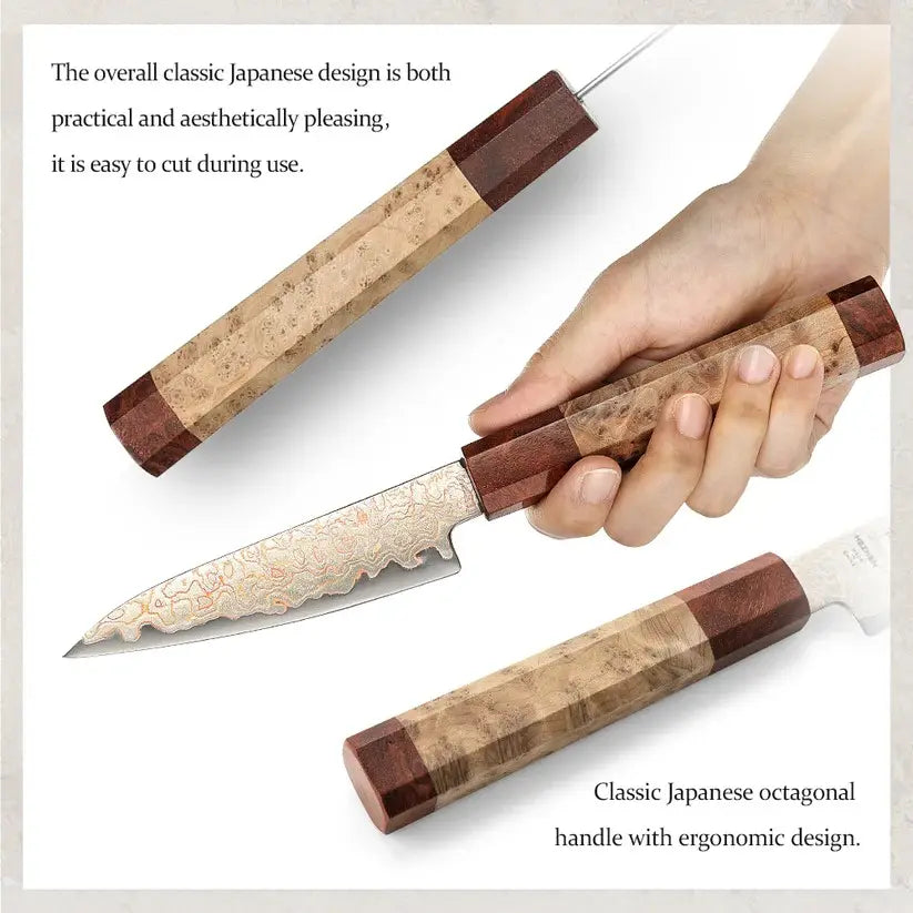 Custom Handmade High Quality Copper Damascus Steel Handle Wood + Padauk Burl Wood Chef Set With Sheath Camping & Survival Knives
